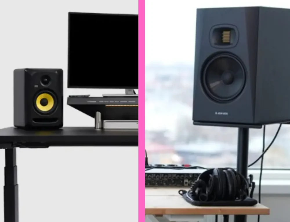 Side-by-side comparison of monitors on desk without isolation vs. with foam pads or stands.