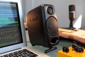 Close-up of the IK Multimedia iLoud Micro Monitor showcasing its compact dimensions and advanced sound performance for tight spaces.