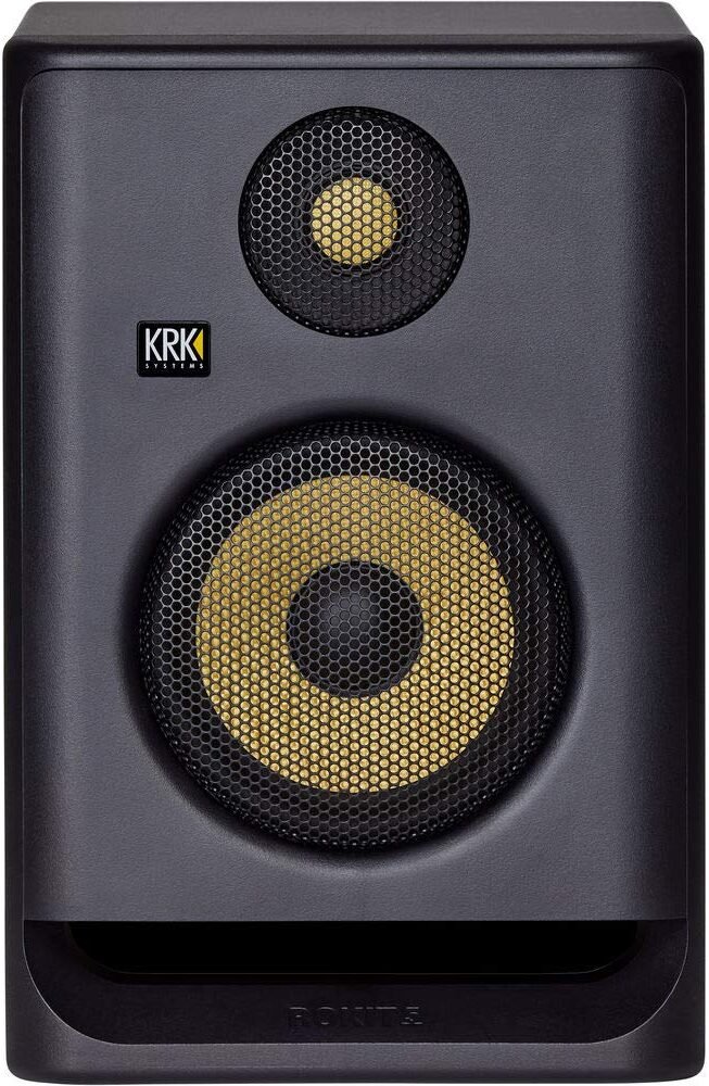 KRK-Rokit-5-G4 - the image shows the studio monitors woofer and tweeter covered in glossy metal grill which shows a premium look