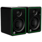 Side angle view of the Mackie CR3-X studio monitor highlighting its sleek design and space-saving dimensions for home setups.