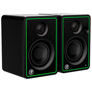 Side angle view of the Mackie CR3-X studio monitor highlighting its sleek design and space-saving dimensions for home setups.