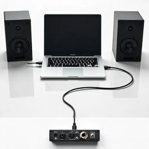 audio interface connecting USB type C from laptop to studio monitors via cables