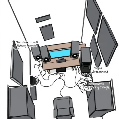 small-room-monitor-placement Top-down layout of studio monitors placed too close to walls in a small room