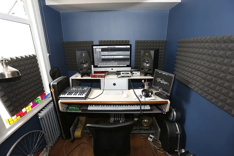 small room setup as studio with acoustics treatment