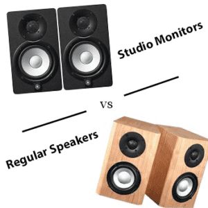 studio monitor vs regular speaker show casing Yamaha HS5 and a regular speaker.
